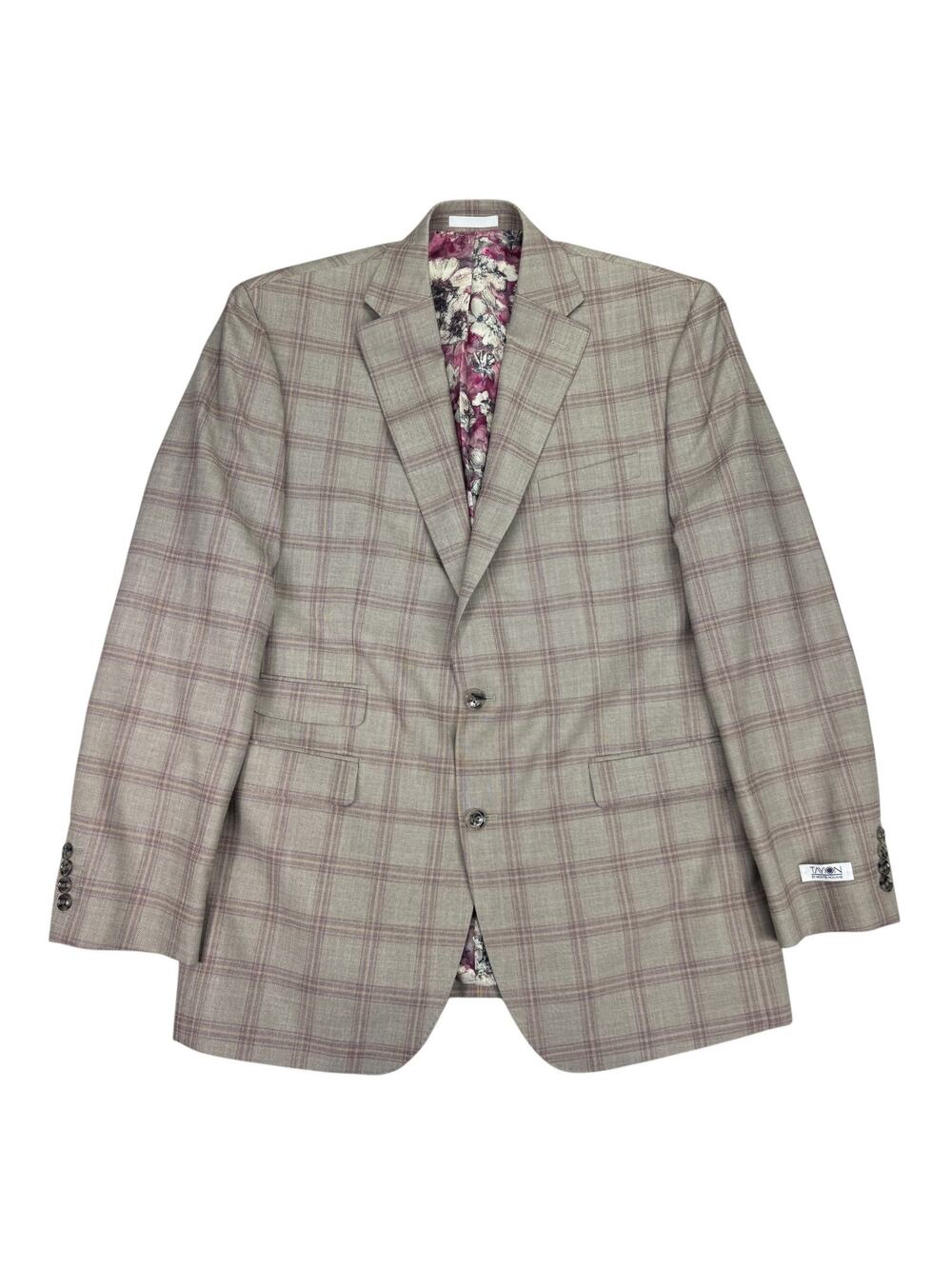 Tayion Mens Agordy Regular Fit Plaid Suit Jacket Tan Red 42L